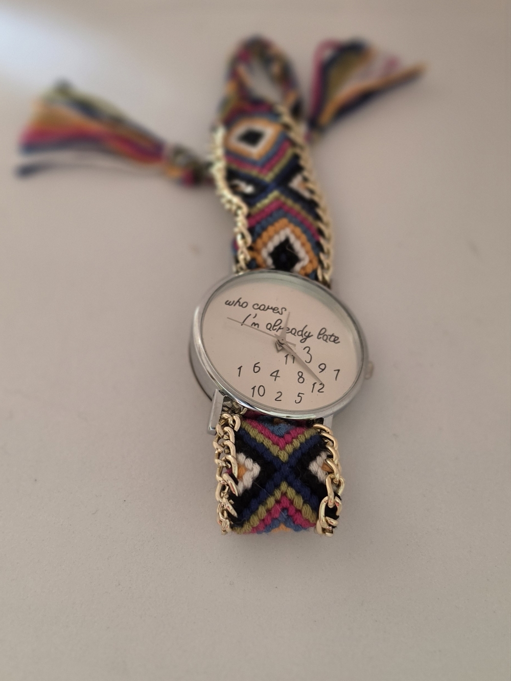 Bohemian Multicolor Woven Bracelet Watch "Who Cares I'm Already Late"